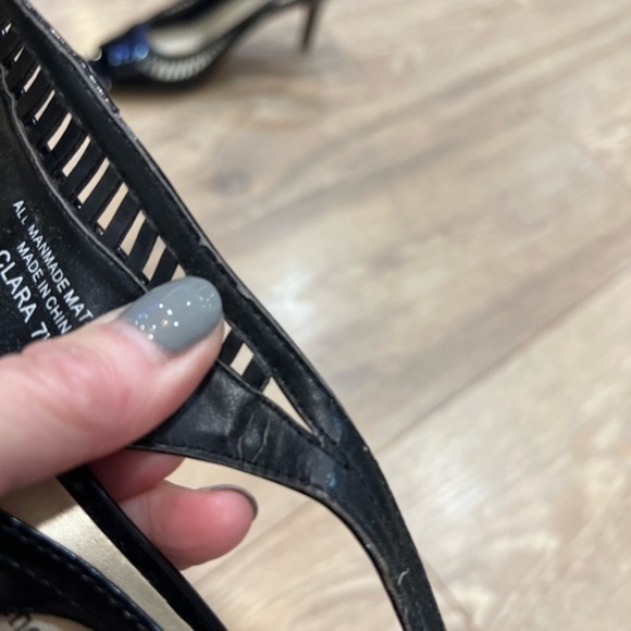 Coach and Four Slingback Black Open Toe Heels with Cut Out Elements - Picture 8 of 14